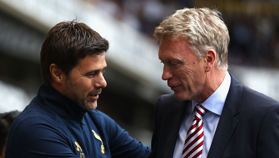 LONDON, ENGLAND - SEPTEMBER 18: Mauricio Pochettino, Manager of Tottenham Hotspur (L) and David Moyes, Manager of Sunderland (R) embrace before kick off during the Premier League match between Tottenham Hotspur and Sunderland at White Hart Lane on September 18, 2016 in London, England. (Photo by Paul Gilham/Getty Images)