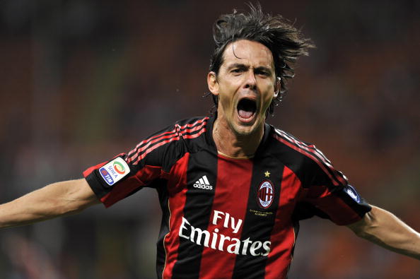 AC Milan's forward Filippo Inzaghi celebrates after scoring during the Serie A football match AC Milan vs Lecce at San Siro Stadium in Milan on August 29, 2010. AFP PHOTO / GIUSEPPE CACACE (Photo credit should read GIUSEPPE CACACE/AFP/Getty Images)