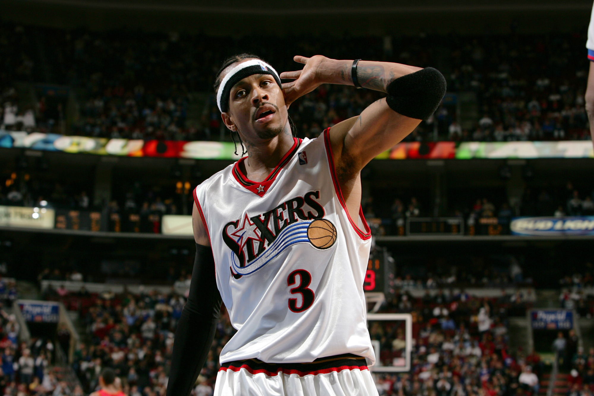 PHILADELPHIA - FEBRUARY 4: Allen Iverson #3 of the Philadelphia 76ers signals the crowd to get loud during the game against the Atlanta Hawks on February 4, 2005 at the Wachovia Center in Philadelphia, Pennsylvania. NOTE TO USER: User expressly acknowledges and agrees that, by downloading and/or using this Photograph, user is consenting to the terms and conditions of the Getty Images License Agreement. Mandatory Copyright Notice: Copyright 2005 NBAE (Photo by Jesse D. Garrabrant/NBAE via Getty Images)